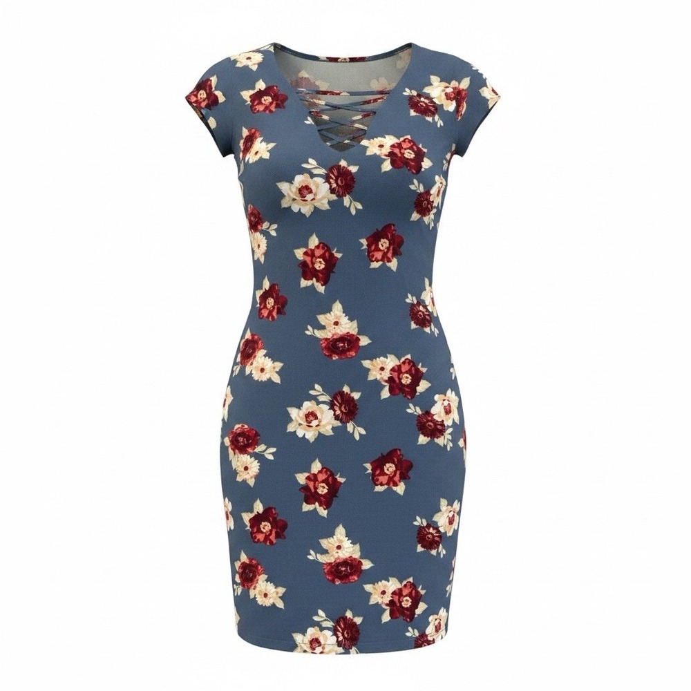 Almost Famous - Pullover Dress Womens Size Large Blue Floral (W30 Chest 34)